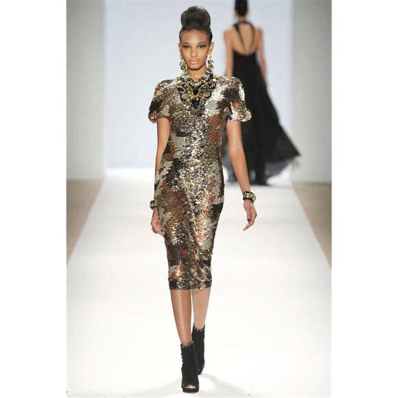 Naeem Khan Sequin Runway Dress 2010 gold silver black silk size 8 - Picture 9 of 11